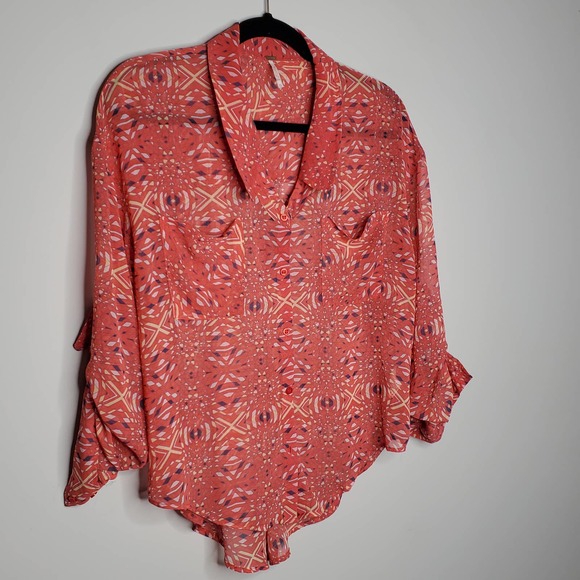 FREE PEOPLE Easy Rider Pink Printed Button Down Lightweight Top Sz X-Small XS - Picture 3 of 7